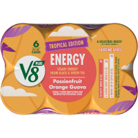 slide 19 of 29, V8 +Energy Passionfruit Orange Guava Juice Energy Drink, 8 fl oz Can (6 Pack), 48 oz