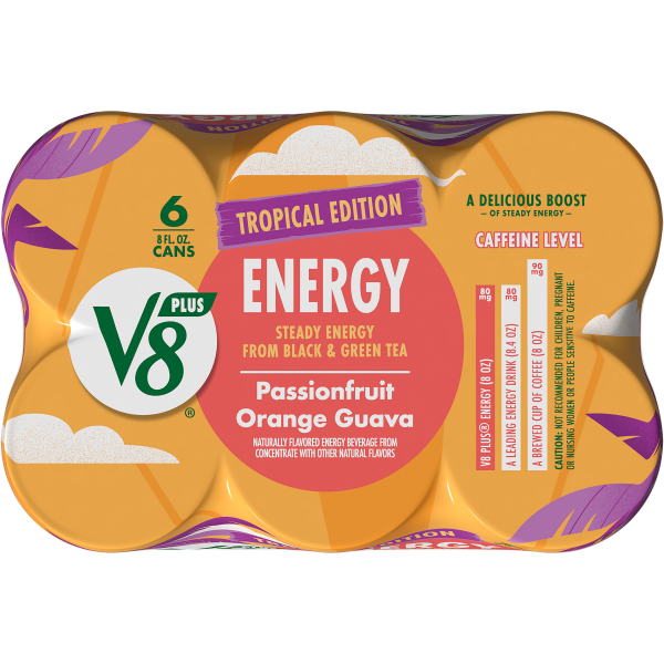 slide 29 of 29, V8 +Energy Passionfruit Orange Guava Juice Energy Drink, 8 fl oz Can (6 Pack), 48 oz