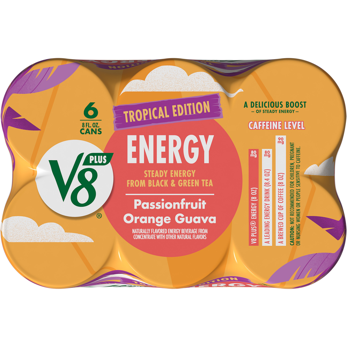 slide 22 of 29, V8 +Energy Passionfruit Orange Guava Juice Energy Drink, 8 fl oz Can (6 Pack), 48 oz