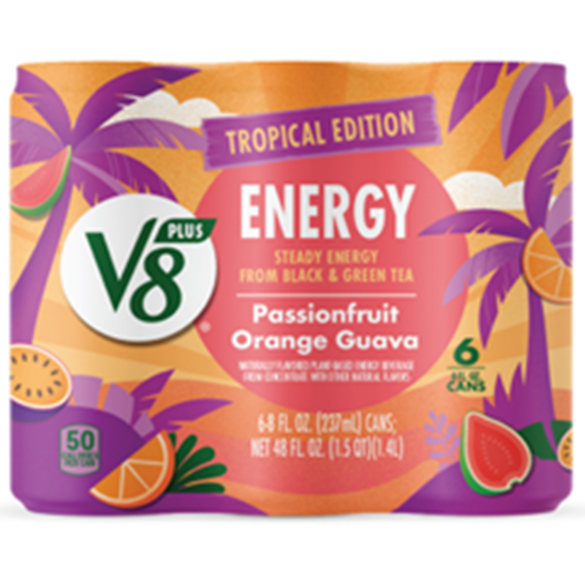 slide 4 of 29, V8 +Energy Passionfruit Orange Guava Juice Energy Drink, 8 fl oz Can (6 Pack), 48 oz