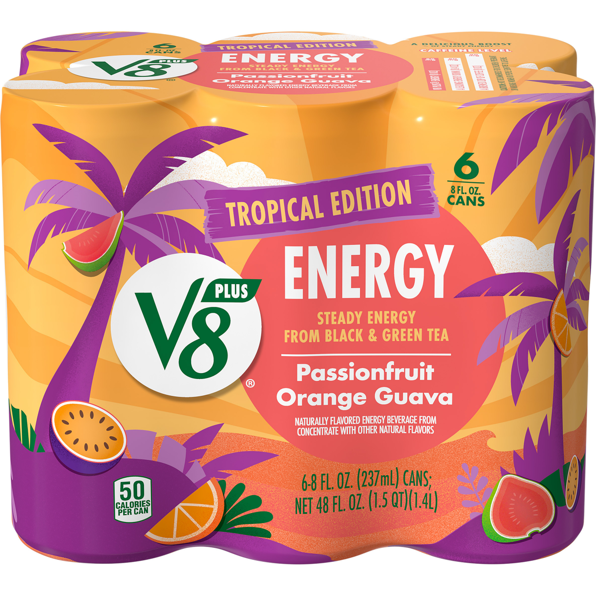slide 1 of 29, V8 +Energy Passionfruit Orange Guava Juice Energy Drink, 8 fl oz Can (6 Pack), 48 oz