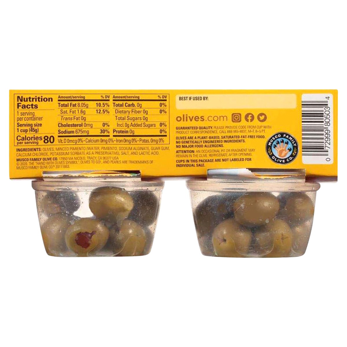 slide 2 of 2, Musco Family Olive Co. Olives to Go Pimiento Stuffed Manzanilla Olives 4 - 1.6 oz Cups, 4 ct