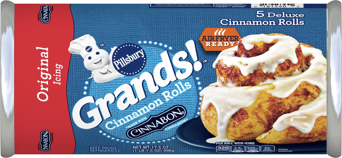 slide 5 of 9, Grands! Cinnamon Rolls with Cinnabon Cinnamon and Original Icing, Refrigerated Canned Pastry Dough, 5 ct., 17.5 oz., 5 ct