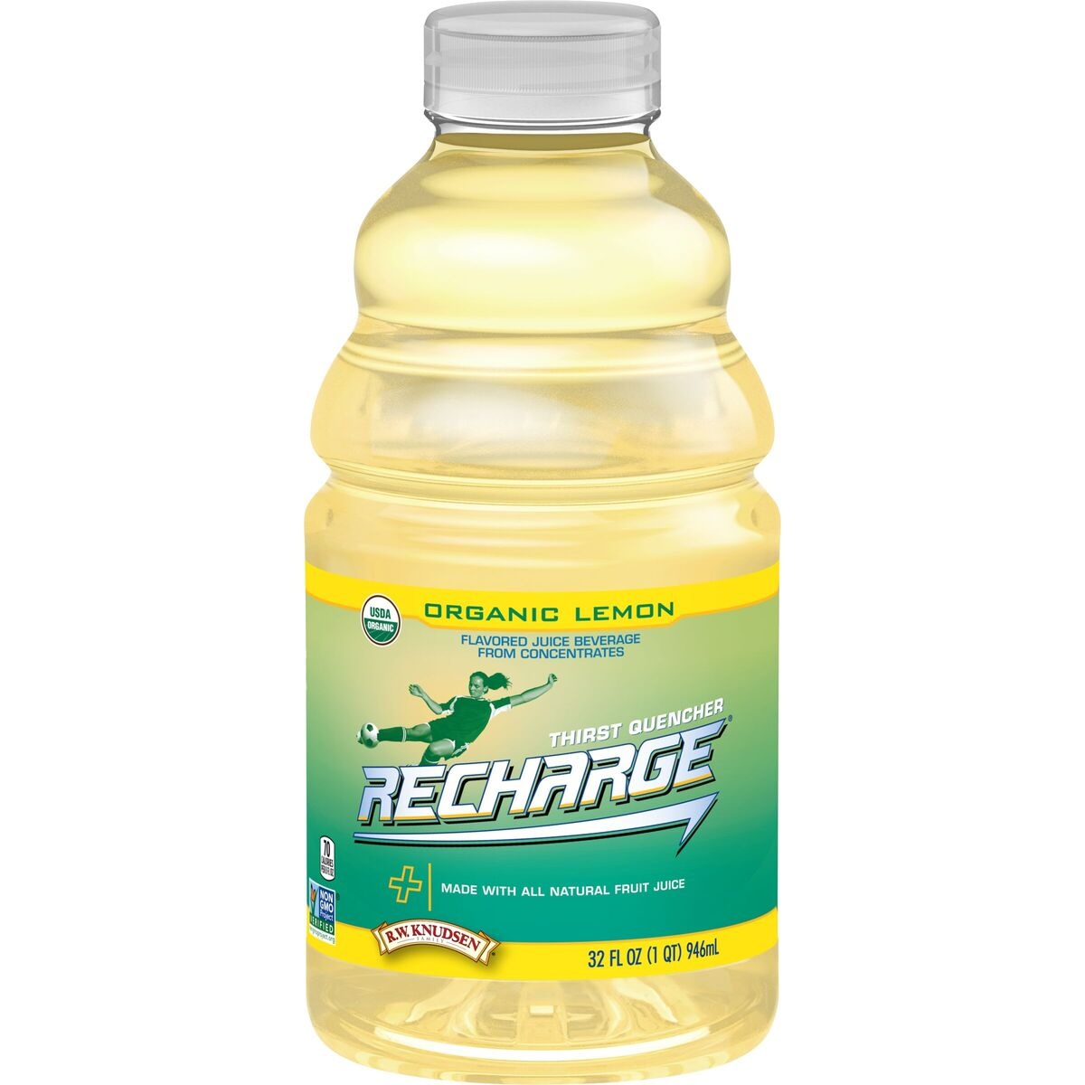 slide 1 of 1, R.W. Knudsen Family Recharge Organic Lemon Flavored Juice Sports Beverage with Electrolytes, 32 Ounces, 32 oz