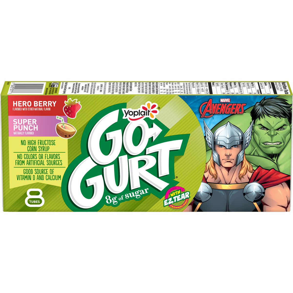 slide 1 of 1, Yoplait Go-Gurt Marvel Avengers Gluten Free Berry And Fruit Punch Yogurt Tubes, 8 ct; 2.25 oz