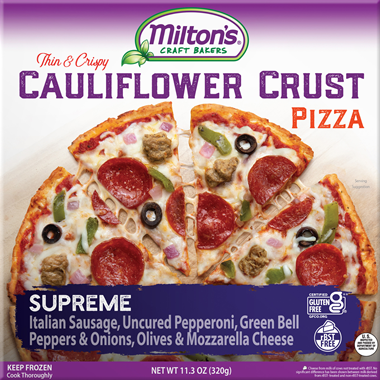 slide 1 of 1, Milton's Pizza, Cauliflower Crust, Supreme, Thin & Crispy, 11.3 oz
