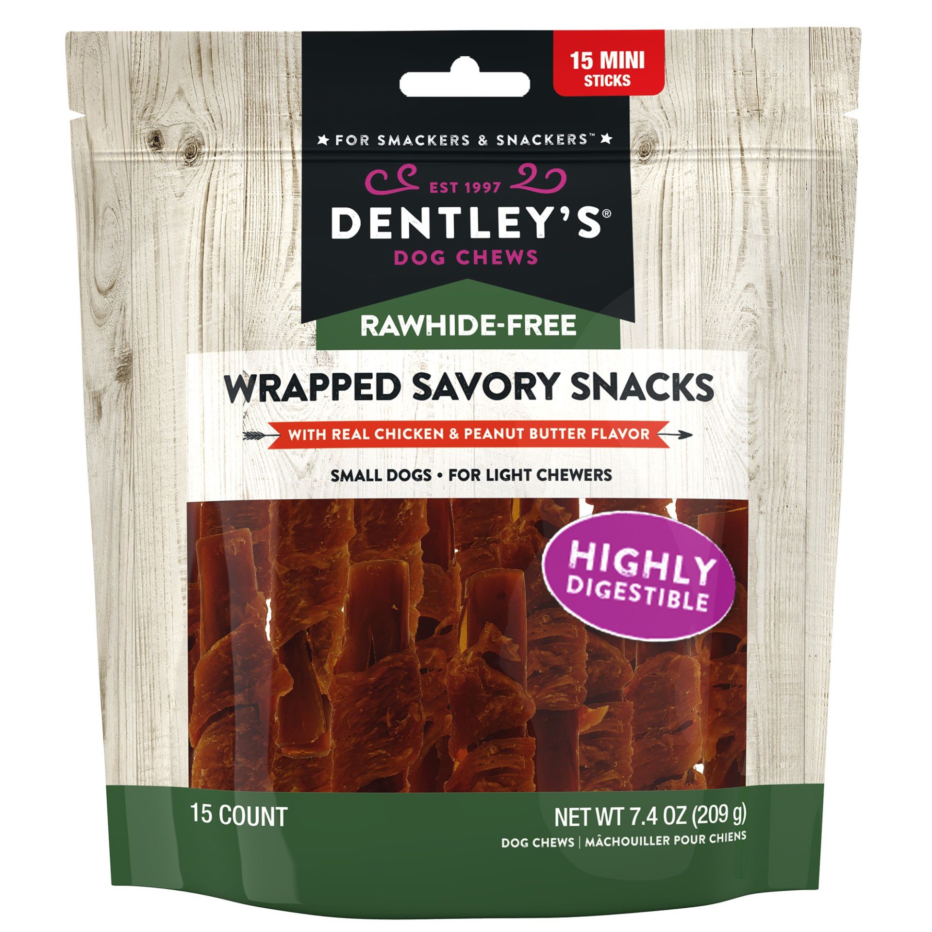 slide 1 of 1, Dentley's Rawhide-Free Wrapped Mini Sticks Dog Treats - 15 Count, 15 ct