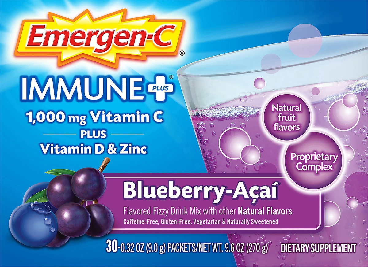 slide 2 of 10, Emergen-C Immune Plus 30 Pack 1000 mg Vitamin C + Vitamin D & Zinc Blueberry-Acai Drink Mix 30 ea, 30 ct