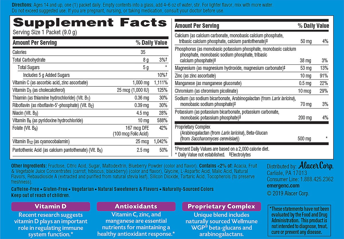 slide 3 of 10, Emergen-C Immune Plus 30 Pack 1000 mg Vitamin C + Vitamin D & Zinc Blueberry-Acai Drink Mix 30 ea, 30 ct