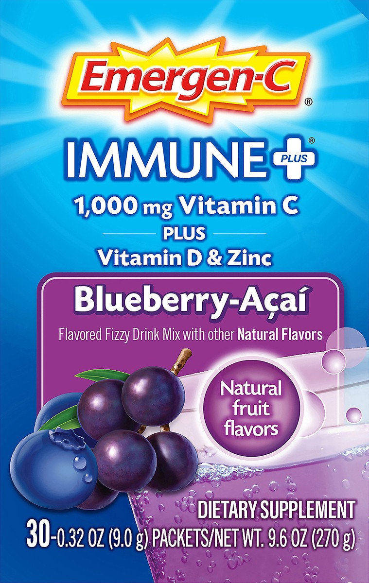 slide 8 of 10, Emergen-C Immune Plus 30 Pack 1000 mg Vitamin C + Vitamin D & Zinc Blueberry-Acai Drink Mix 30 ea, 30 ct