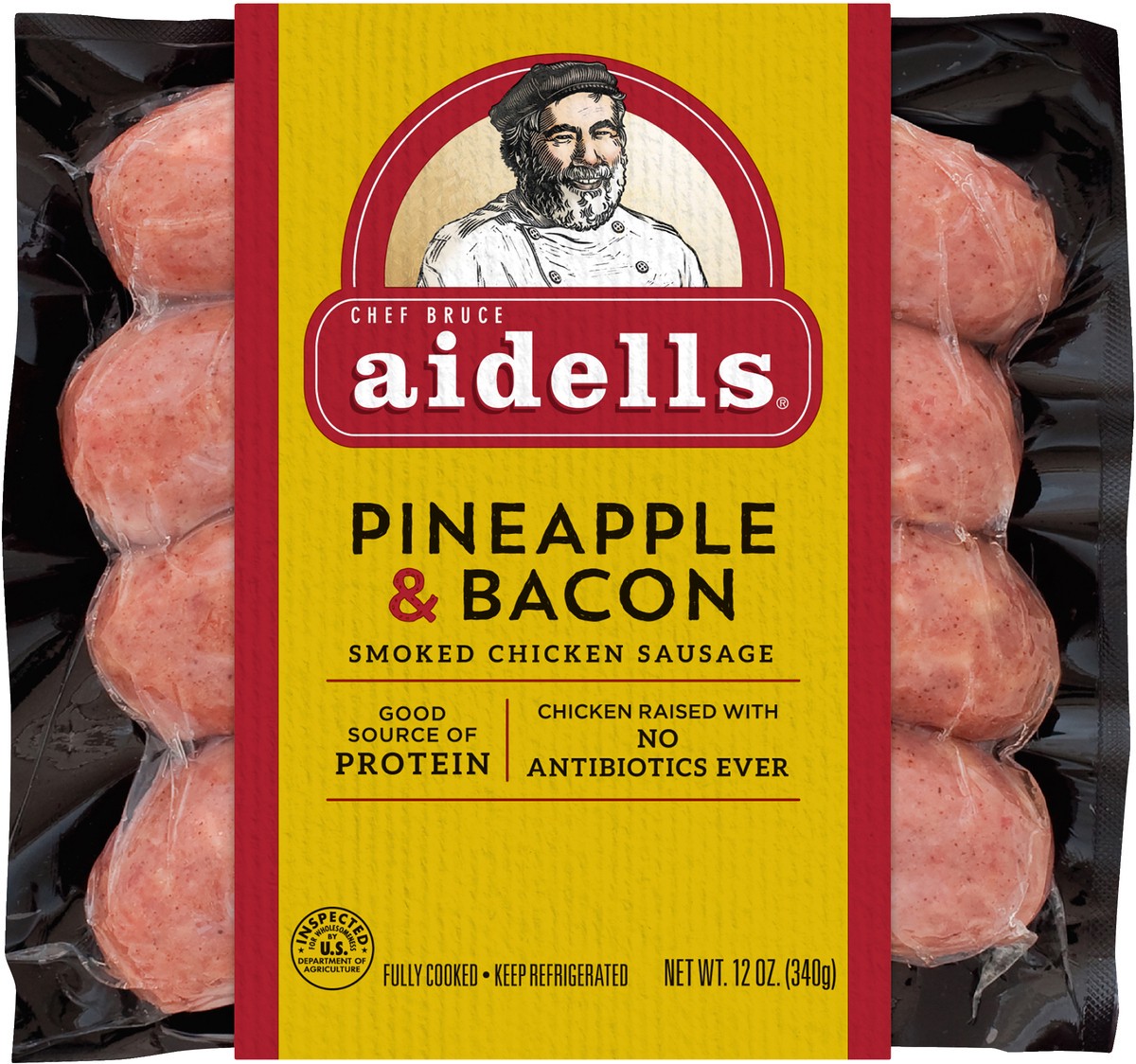 slide 7 of 7, Aidells Smoked Chicken Sausage, Pineapple & Bacon, 12 oz. (4 Fully Cooked Links), 340.19 g