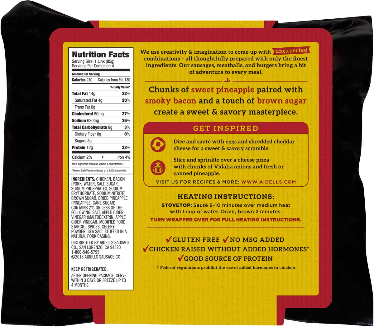 slide 4 of 7, Aidells Smoked Chicken Sausage, Pineapple & Bacon, 12 oz. (4 Fully Cooked Links), 340.19 g