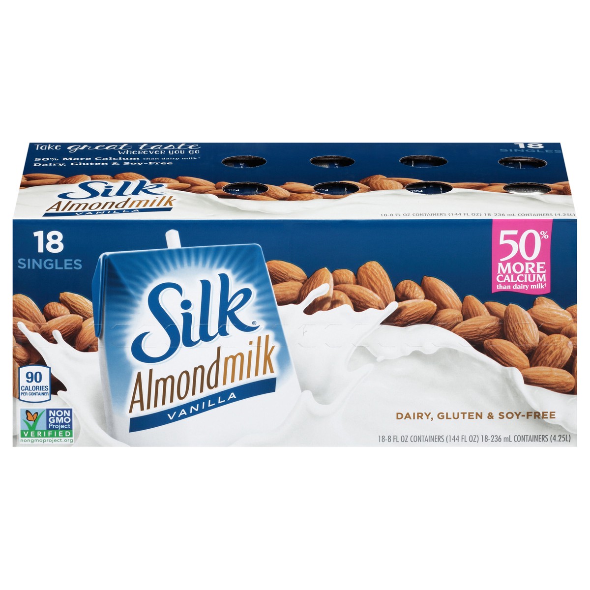 slide 1 of 15, Silk Shelf-Stable Almond Milk Singles, Vanilla, Dairy-Free, Vegan, Non-GMO Project Verified, 8 oz., 6 Pack (Pack of 18), 18 ct