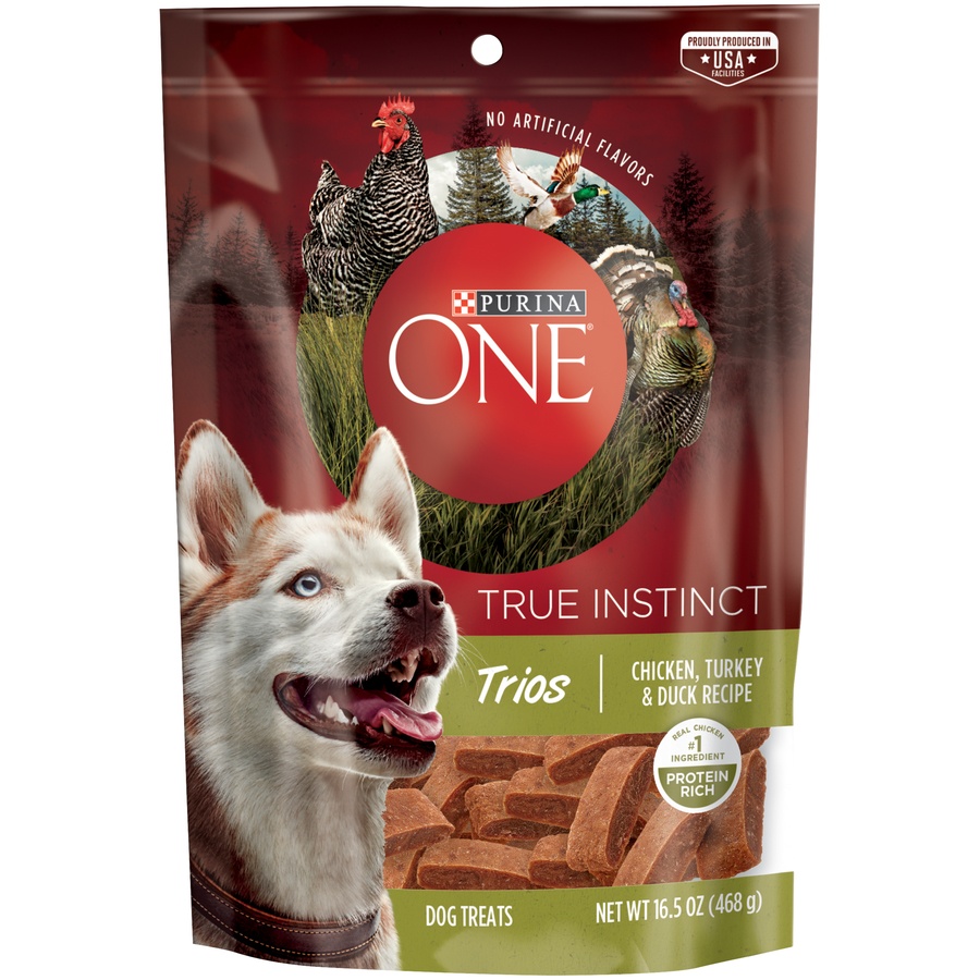 slide 1 of 1, Purina One True Instinct Trios Chicken, Turkey & Duck Recipe Dog Treats, 16.5 oz