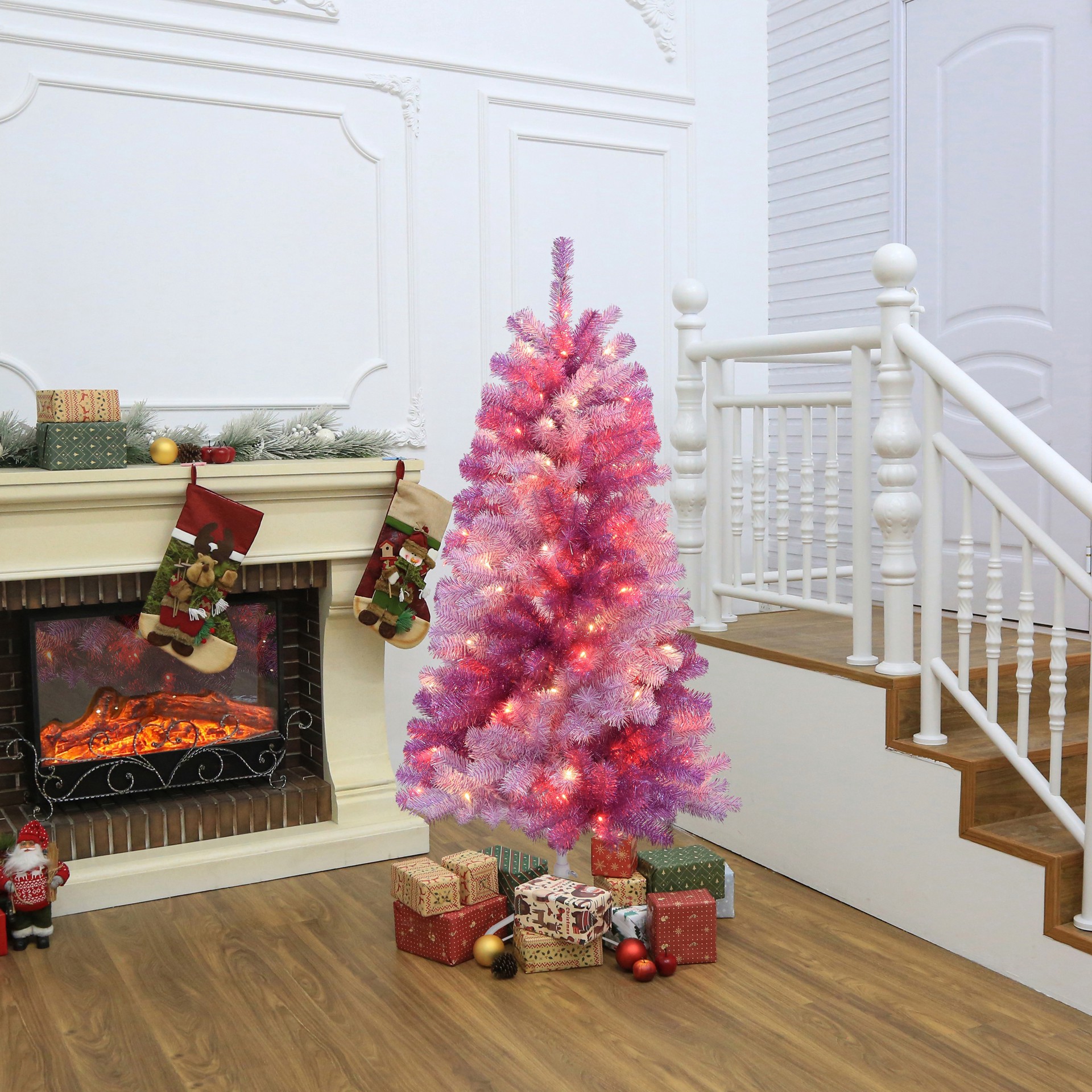 slide 2 of 5, 5ft. Pre-Lit Peppermint Pine Artificial Christmas Tree, Warm White Led Lights By Ashland, 5 ft