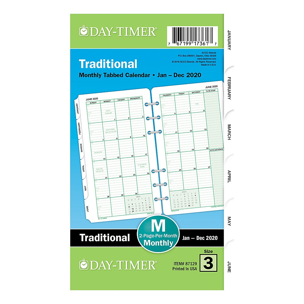 slide 1 of 1, Day-Timer Classic Monthly Refill, Portable Size, 3-3/4'' X 6-3/4'', January To December 2020, 1 ct