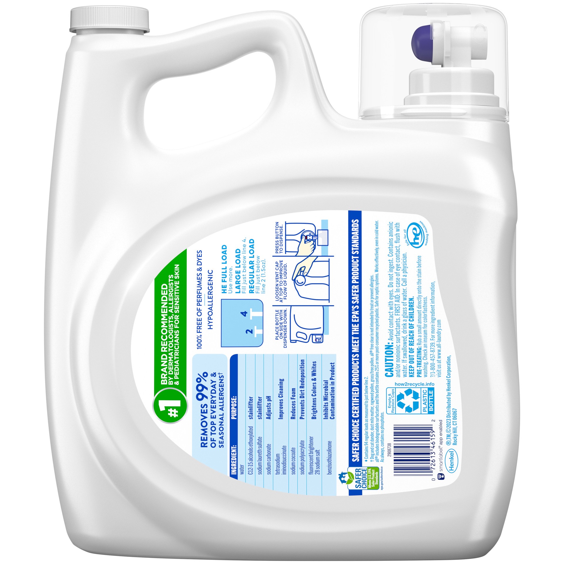 slide 2 of 3, All Liquid Laundry Detergent Free Clear for Sensitive Skin, 141 Ounce, 94 Loads, 141 fl oz