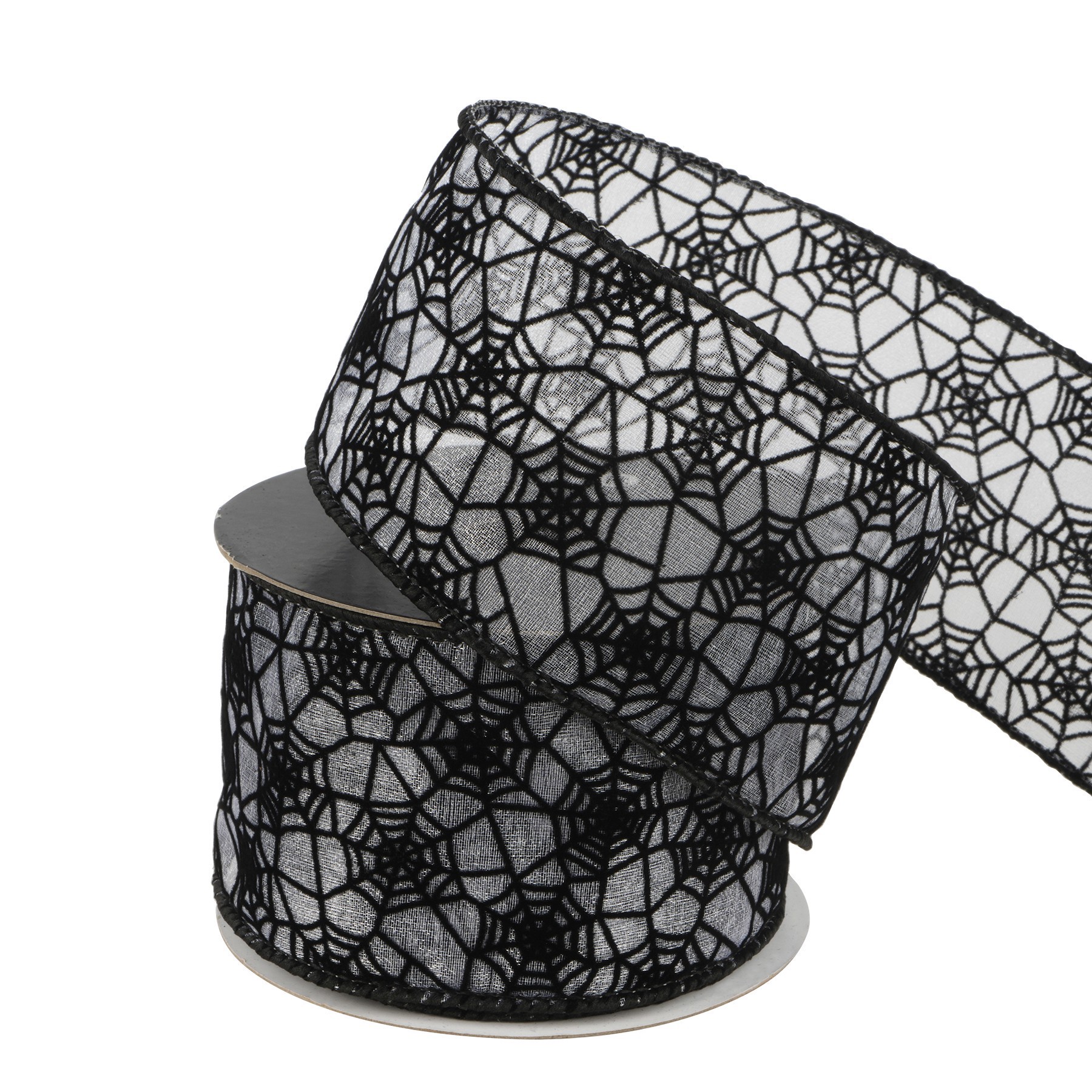 slide 3 of 3, 2.5" X 20ft. Black Sheer Wired Spiderweb Ribbon By Celebrate It Halloween, 2.5 in x 20 ft