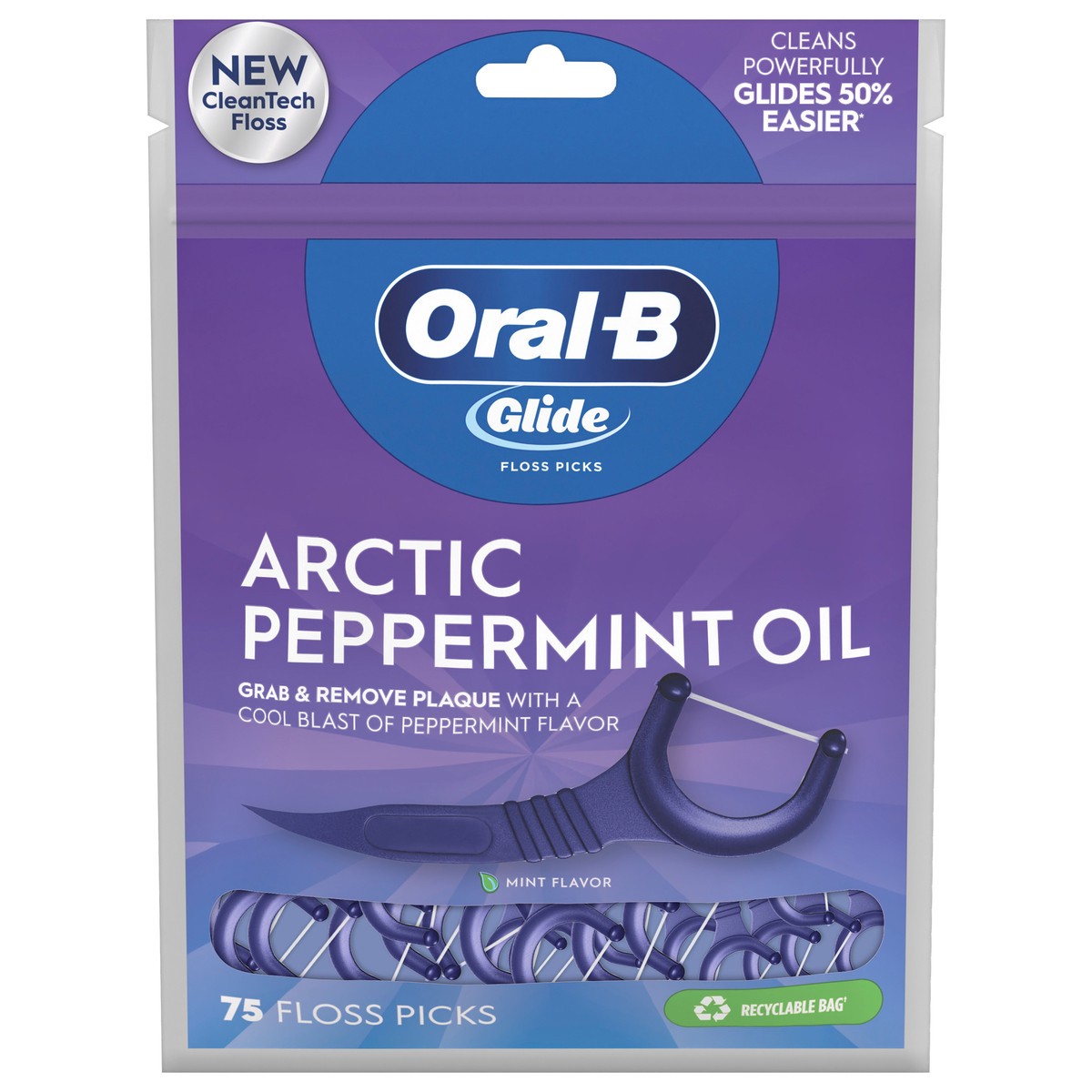 slide 1 of 3, Oral-B Glide Peppermint Dental Floss Picks with Arctic Peppermint Oil Flavor, 75 Picks, 75 ct