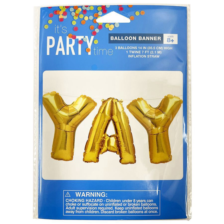 slide 1 of 1, It's Party Time Balloon Banner YAY, 3 ct