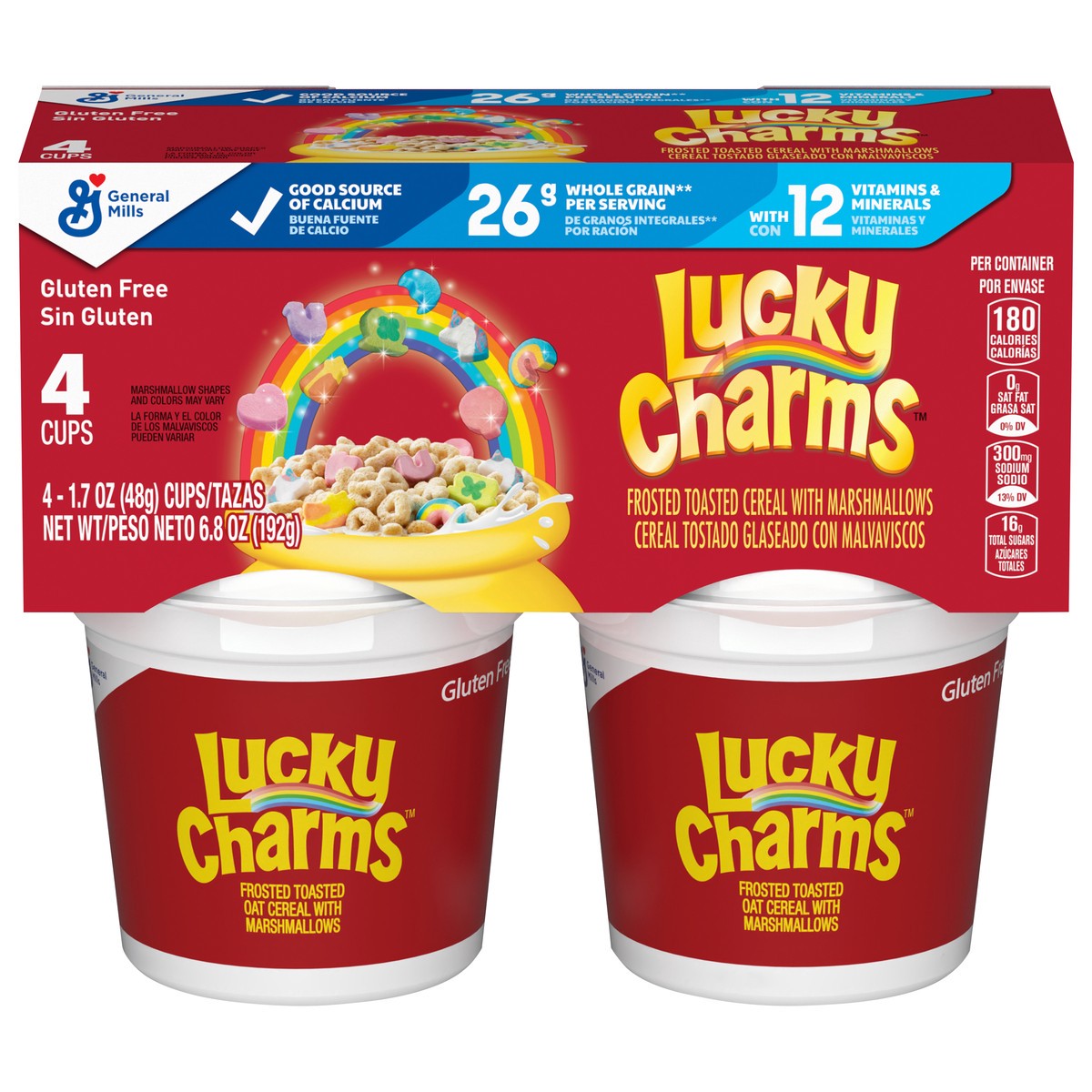 slide 1 of 9, Lucky Charms Gluten Free Cereal with Marshmallows, Kids Breakfast Cereal, Made with Whole Grain, 4 Cereal Cups, 6.8 oz, 4 ct