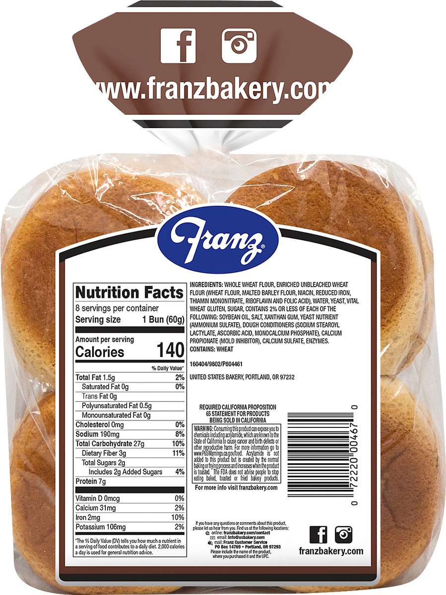 slide 7 of 7, Franz Wheat Hamburger Buns, 8 ct; 17 oz