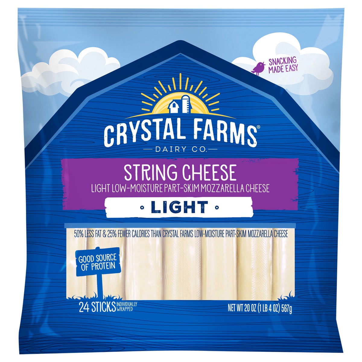 slide 1 of 6, Crystal Farms Light String Cheese 24 24 ea, 24 ct