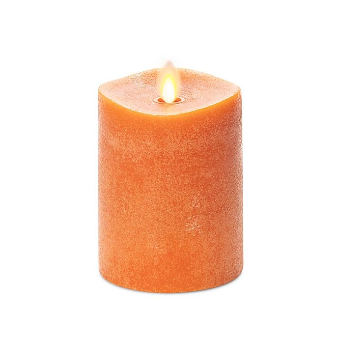 slide 1 of 4, Luminara Chalky Wax Real-Flame Effect Pillar Candle - Orange, 4.5 in