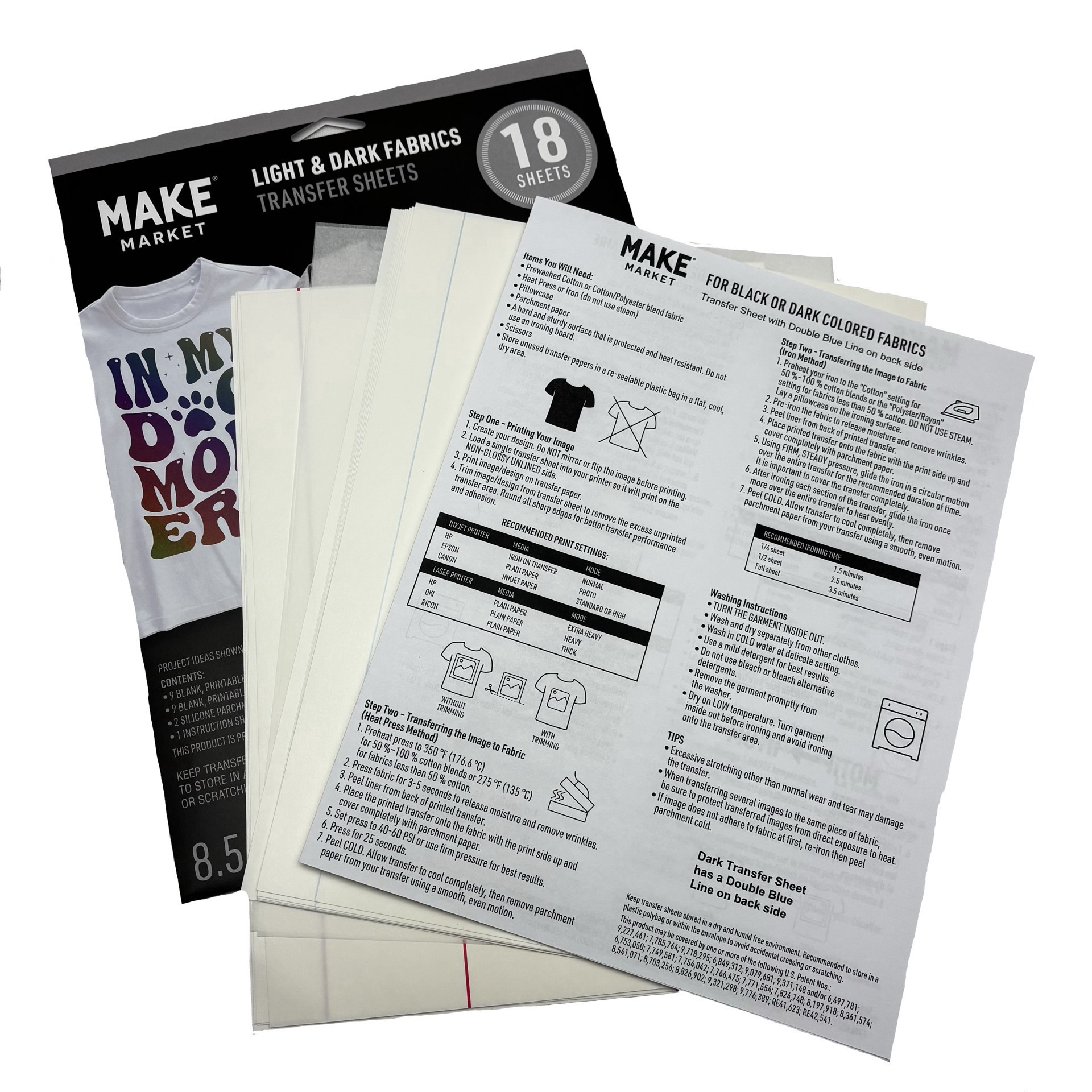 slide 4 of 4, 8.5" X 11" Mixed Light & Dark Fabric Transfer Sheets, 18ct. By Make Market, 18 ct