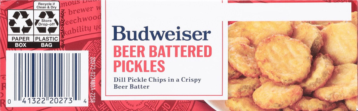slide 4 of 9, Budweiser Farm Rich Budweiser beer battered pickles, 16 oz