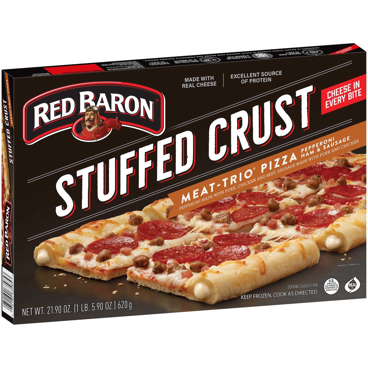 slide 8 of 9, Red Baron Pizza, Stuffed Crust Meat-Trio 21.90 oz., 21.9 oz