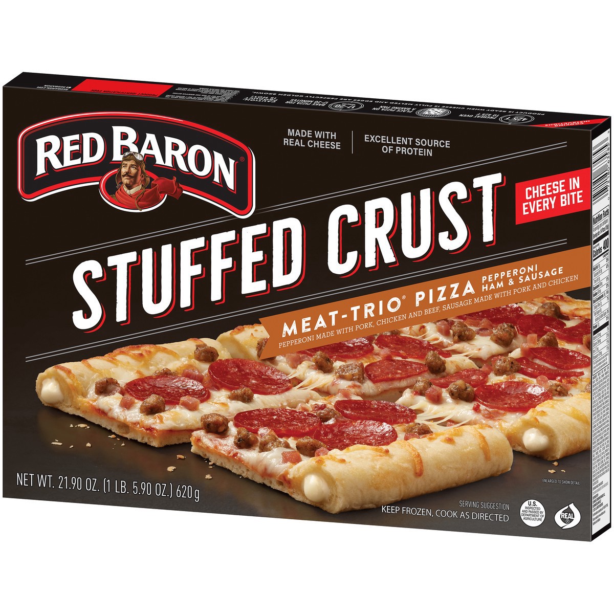 slide 6 of 9, Red Baron Pizza, Stuffed Crust Meat-Trio 21.90 oz., 21.9 oz