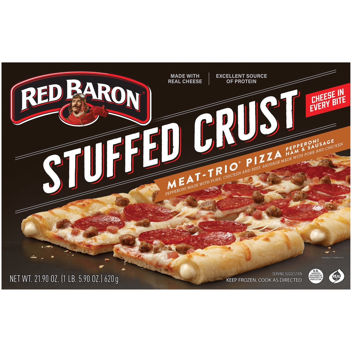 slide 4 of 9, Red Baron Pizza, Stuffed Crust Meat-Trio 21.90 oz., 21.9 oz