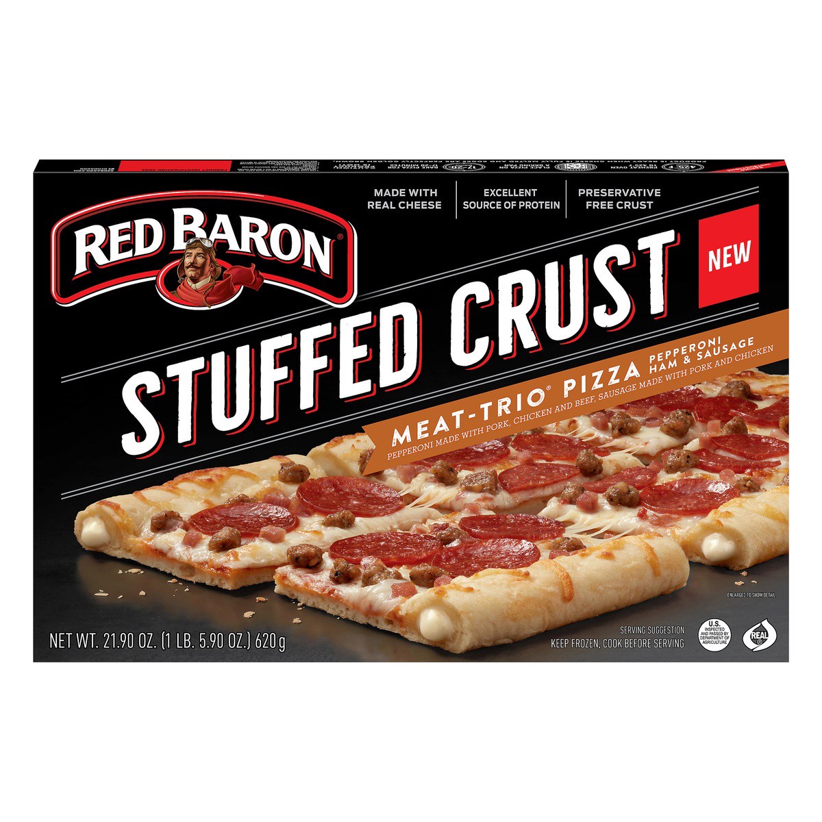 slide 1 of 9, Red Baron Pizza, Stuffed Crust Meat-Trio 21.90 oz., 21.9 oz