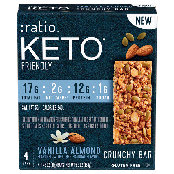 slide 1 of 9, :ratio KETO Friendly Crunchy Bars, Vanilla Almond, Gluten Free Snack, 4 ct, 4 ct
