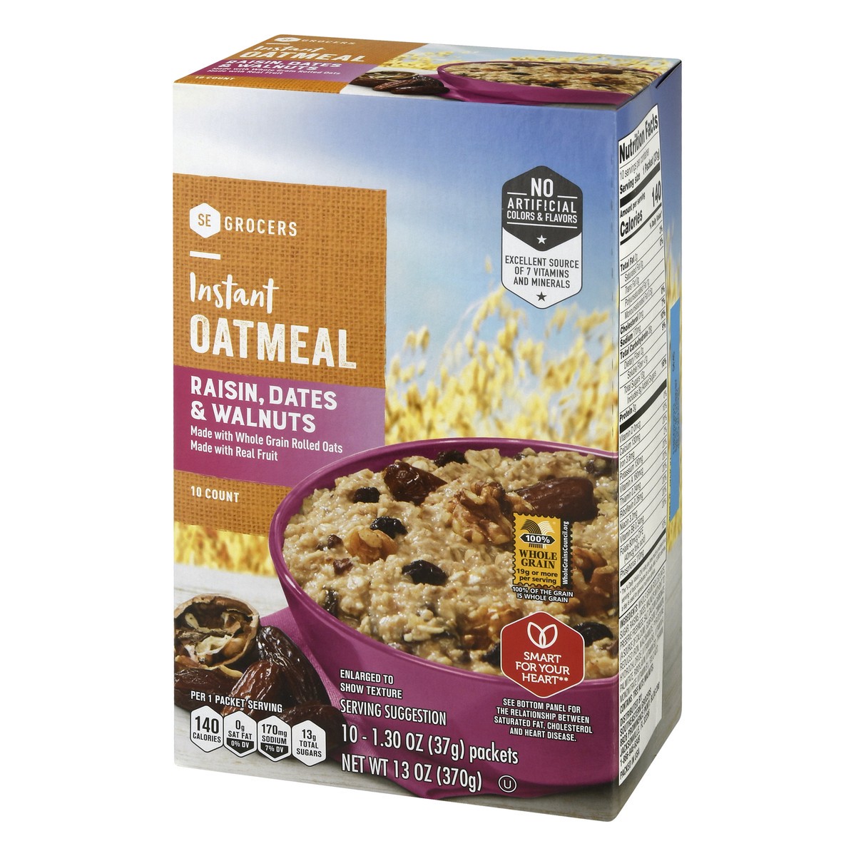 slide 4 of 14, SE Grocers Oatmeal Instant 100% Whole Grain Raisin Dates & Walnuts, 13 oz