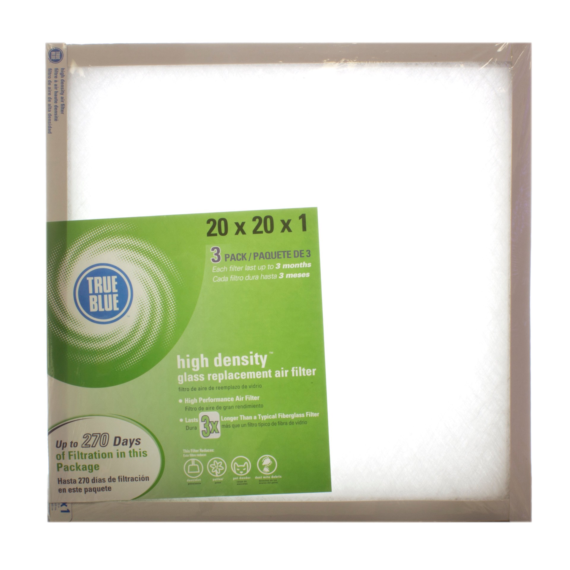 slide 1 of 1, True Blue 20 in. x 20 in. x 1 in. Fiberglass Home Air Filters, 3 ct