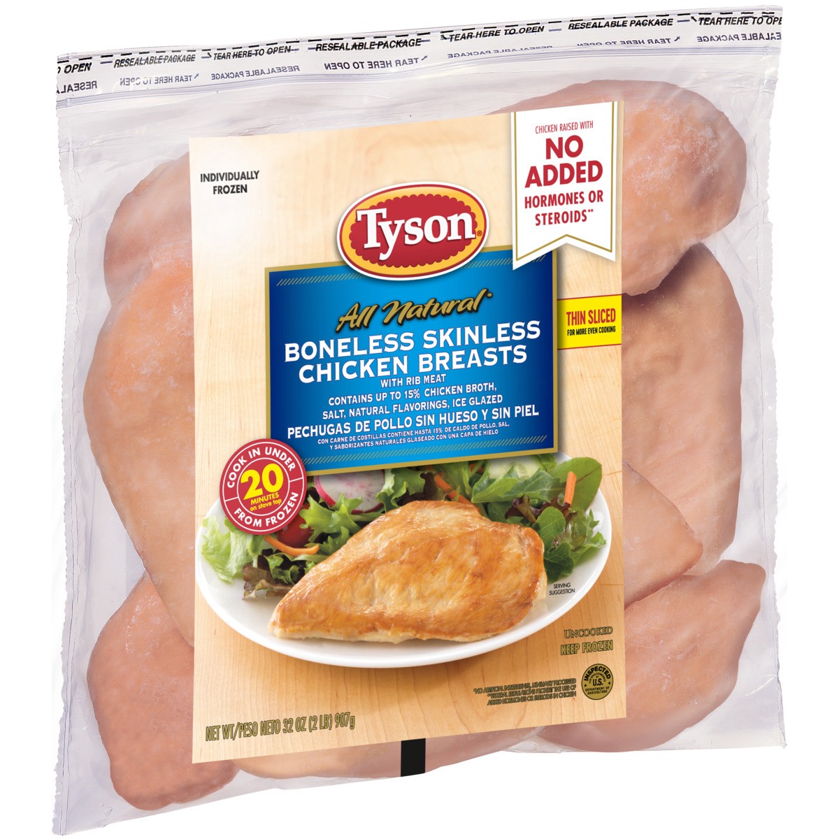 slide 5 of 5, Tyson Boneless Skinless Chicken Breasts, 2 lb. (Frozen), 907.19 g