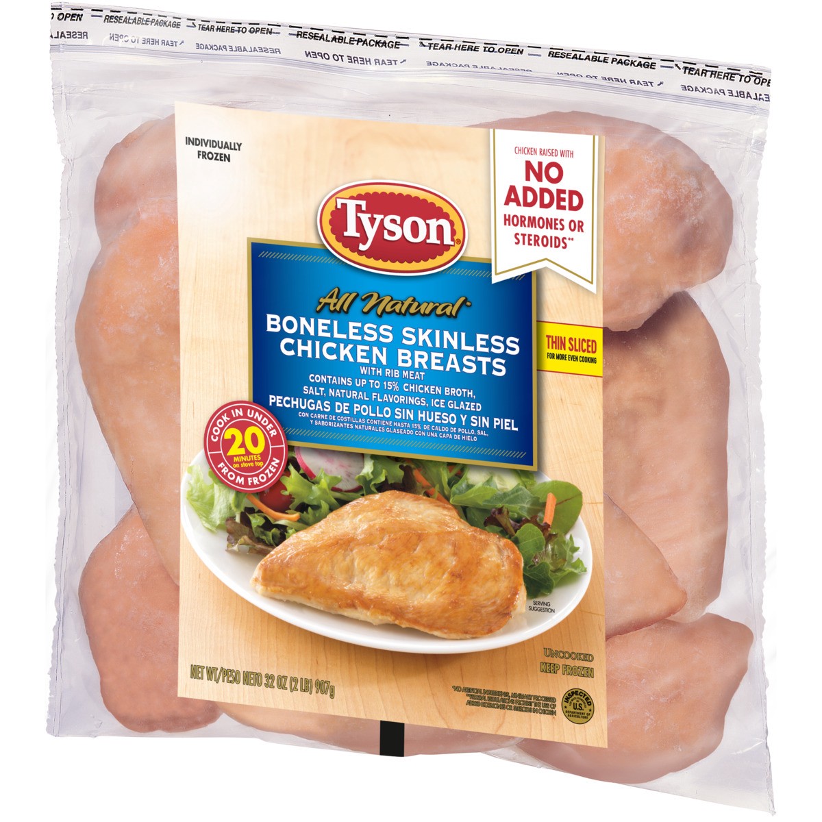 slide 4 of 5, Tyson Boneless Skinless Chicken Breasts, 2 lb. (Frozen), 907.19 g