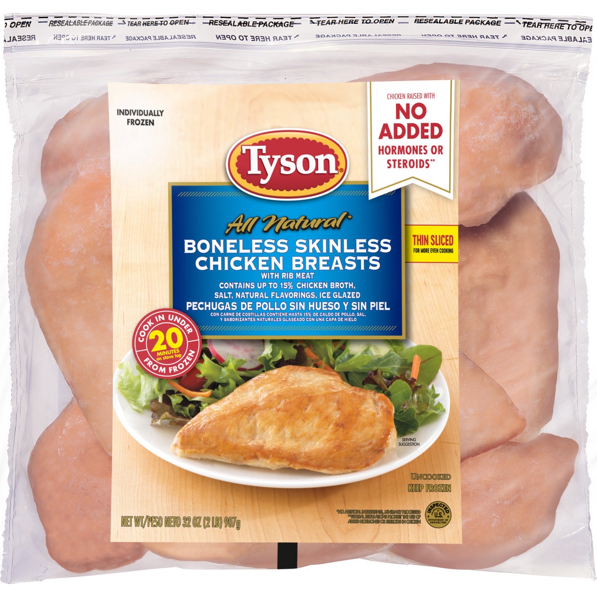 slide 3 of 5, Tyson Boneless Skinless Chicken Breasts, 2 lb. (Frozen), 907.19 g