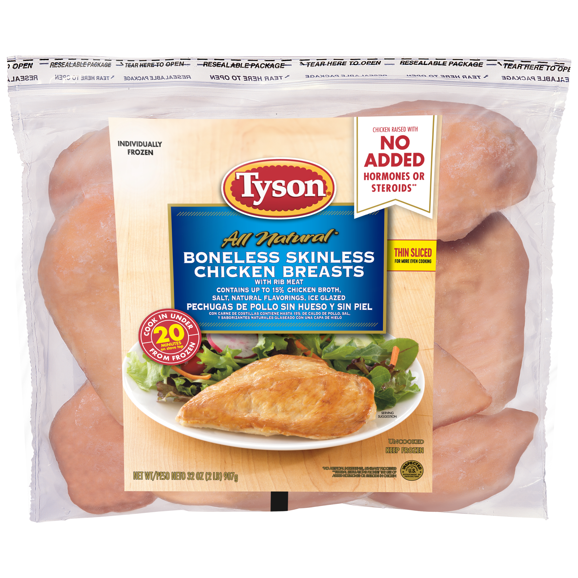 slide 1 of 5, Tyson Boneless Skinless Chicken Breasts, 2 lb. (Frozen), 907.19 g