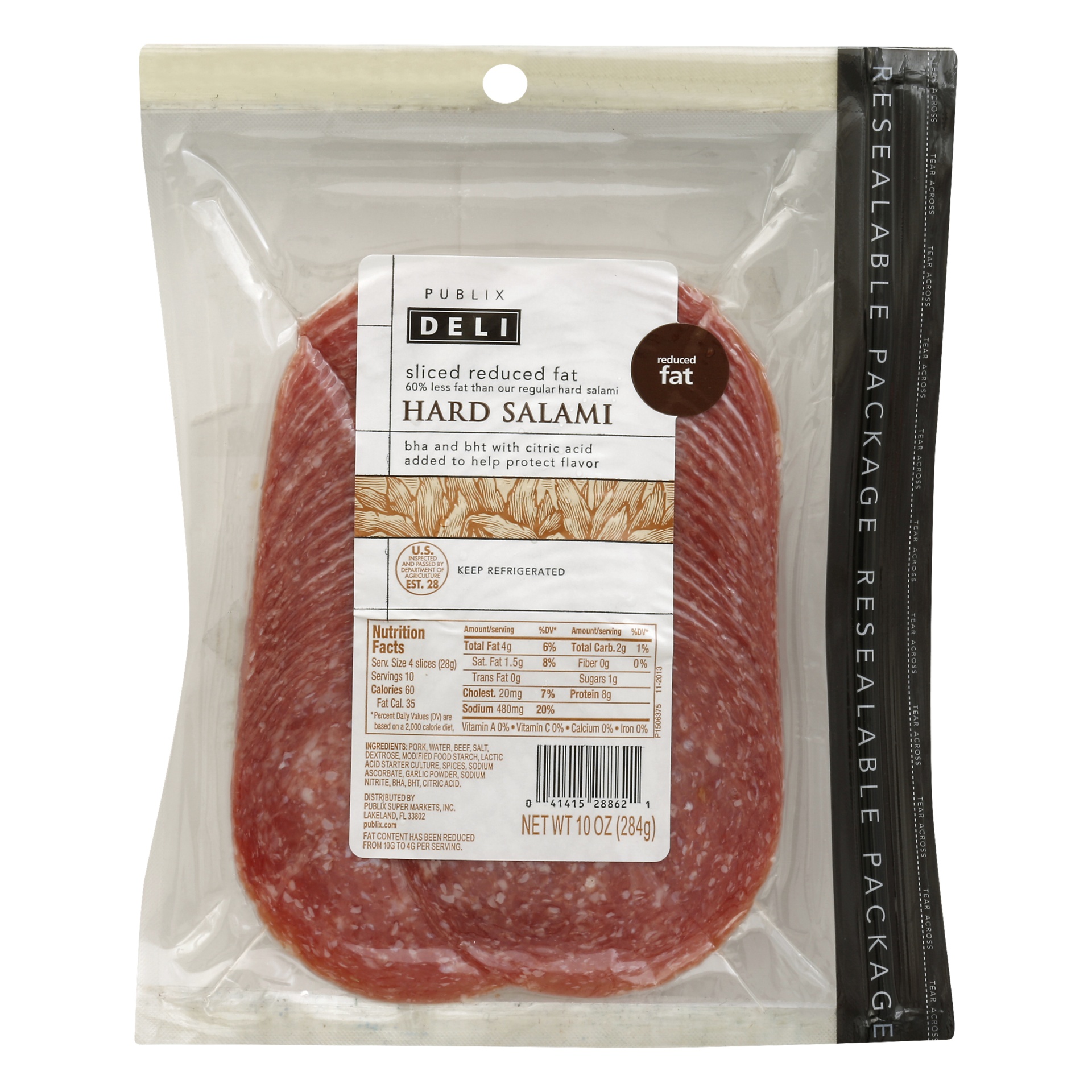 slide 1 of 1, Publix Deli Reduced Fat Sliced Hard Salami, 10 oz