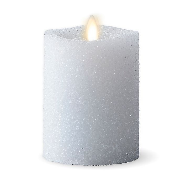 slide 1 of 1, Luminara Glitter Snow Real-Flame Effect Pillar Candle, 4 in