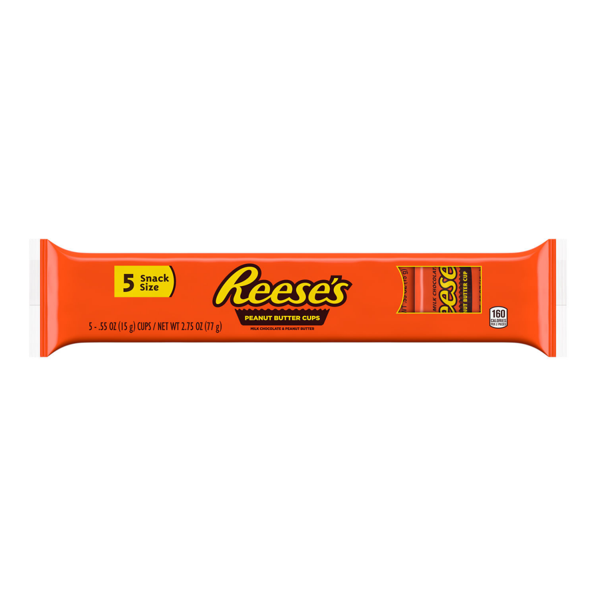 slide 1 of 7, REESE'S Milk Chocolate Snack Size Peanut Butter Cups, Candy Packs, 0.55 oz (5 Count), 5 ct