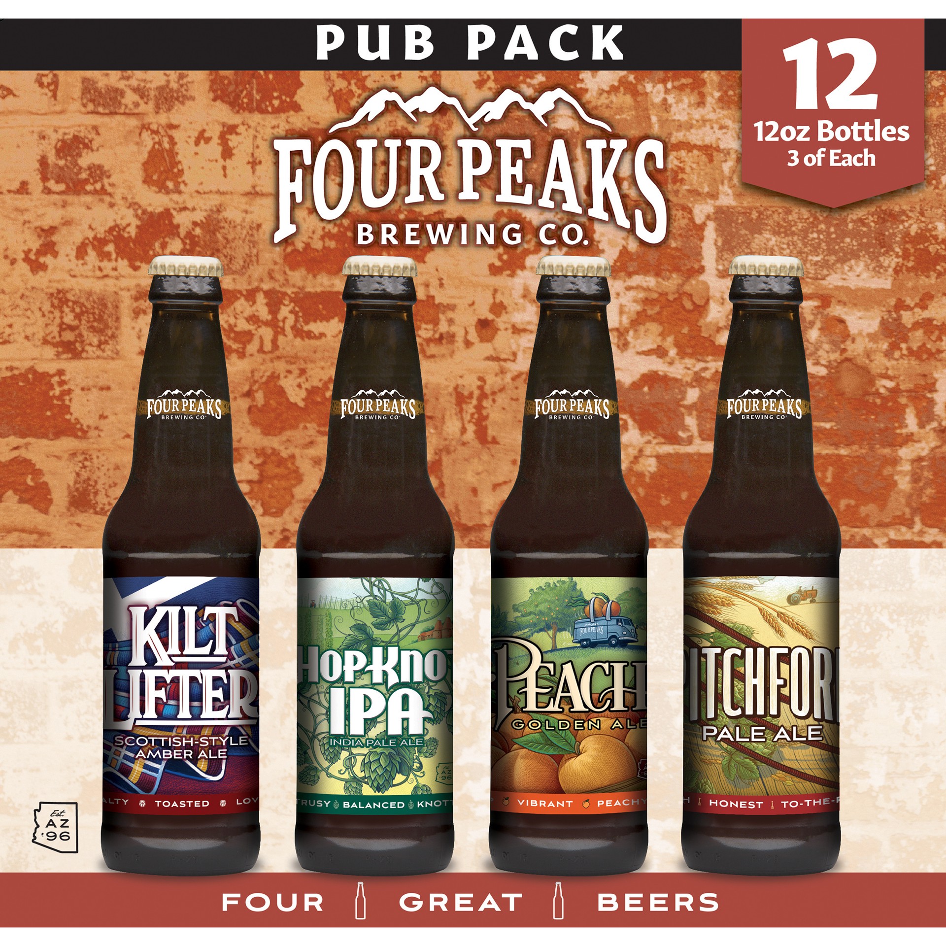 slide 2 of 2, Four Peaks Variety pack, 12 pack, 12 oz. bottle carton, 12 ct; 12 oz