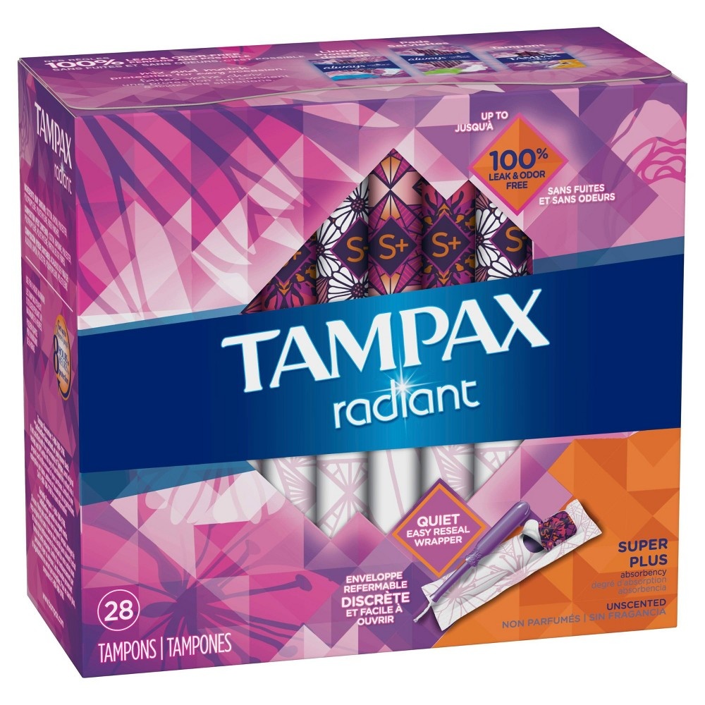 slide 2 of 4, Tampax Radiant Tampons with LeakGuard Braid, Super Plus Absorbency, Unscented, 28 Count, 32 ct