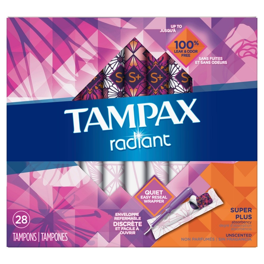 slide 3 of 4, Tampax Radiant Tampons with LeakGuard Braid, Super Plus Absorbency, Unscented, 28 Count, 32 ct