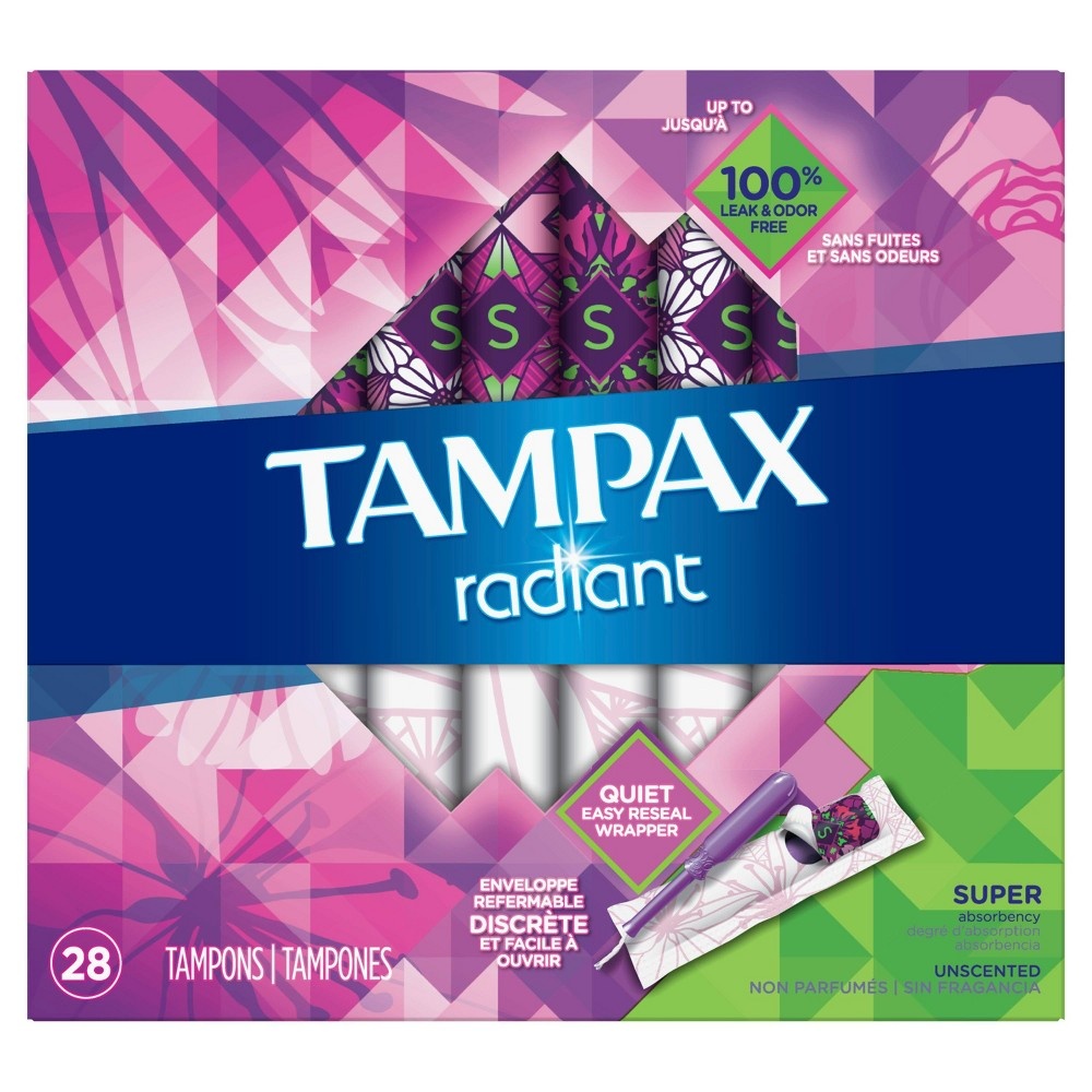 slide 2 of 4, Tampax Radiant Tampons with LeakGuard Braid, Super Absorbency, Unscented, 28 Count, 28 ct