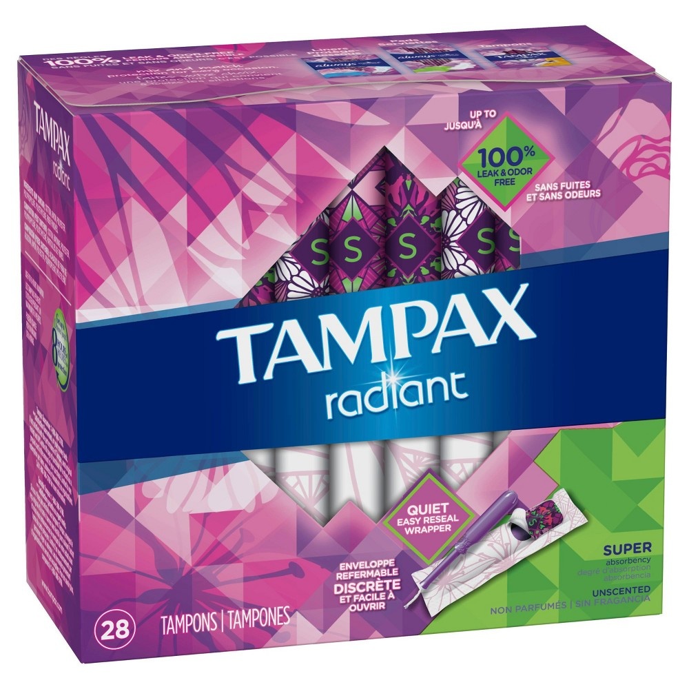 slide 3 of 4, Tampax Radiant Tampons with LeakGuard Braid, Super Absorbency, Unscented, 28 Count, 28 ct