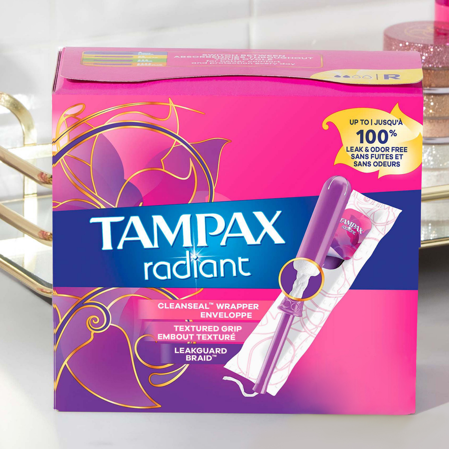 slide 5 of 8, Tampax Radiant Tampons Multipack, with LeakGuard Braid, Light/Regular Absorbency, Unscented, 26 Count, 26 ct
